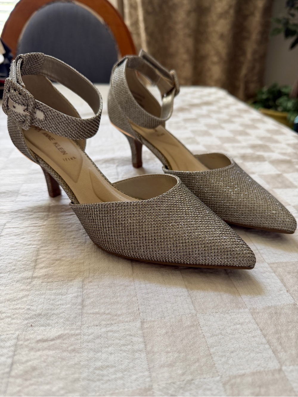 Anne Klein Silver Glitter Pointed-Toe Ankle-Strap Heels